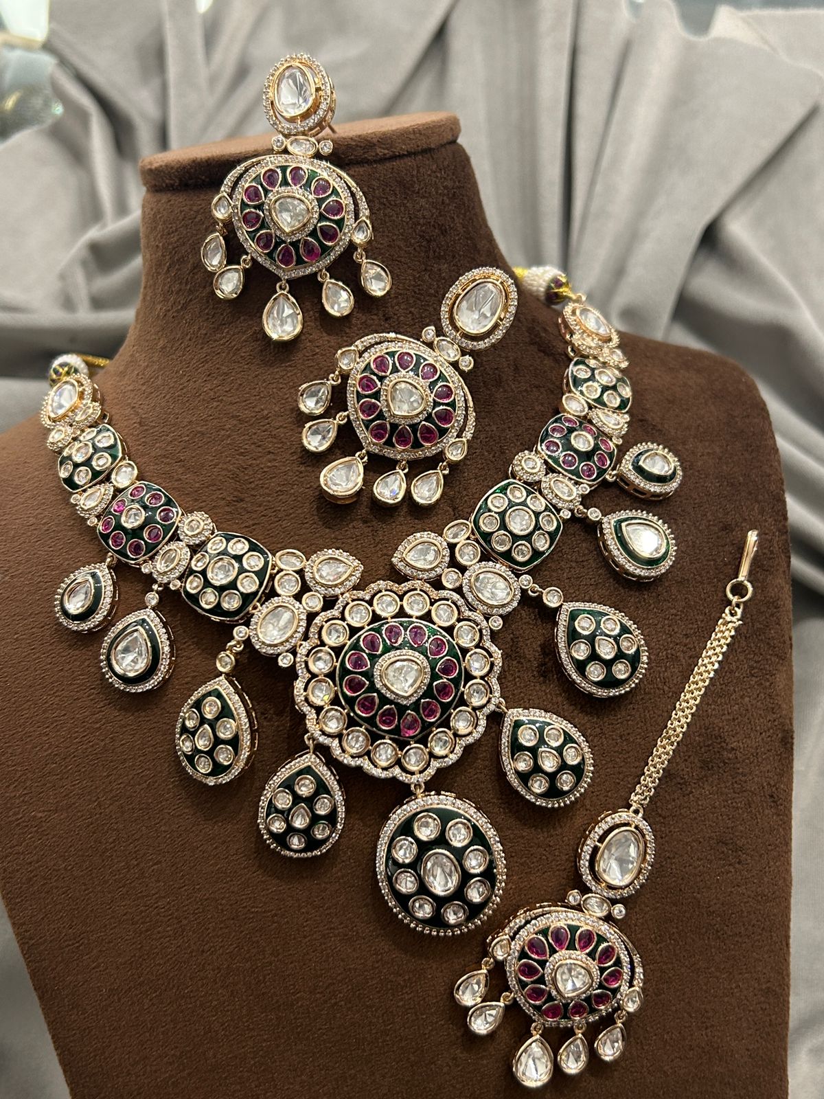 Grand Polki Kundan Bridal Set with Green & Ruby Accents